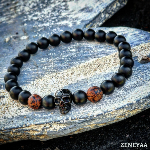 Bracelet Skull Obsidienne acajou mat